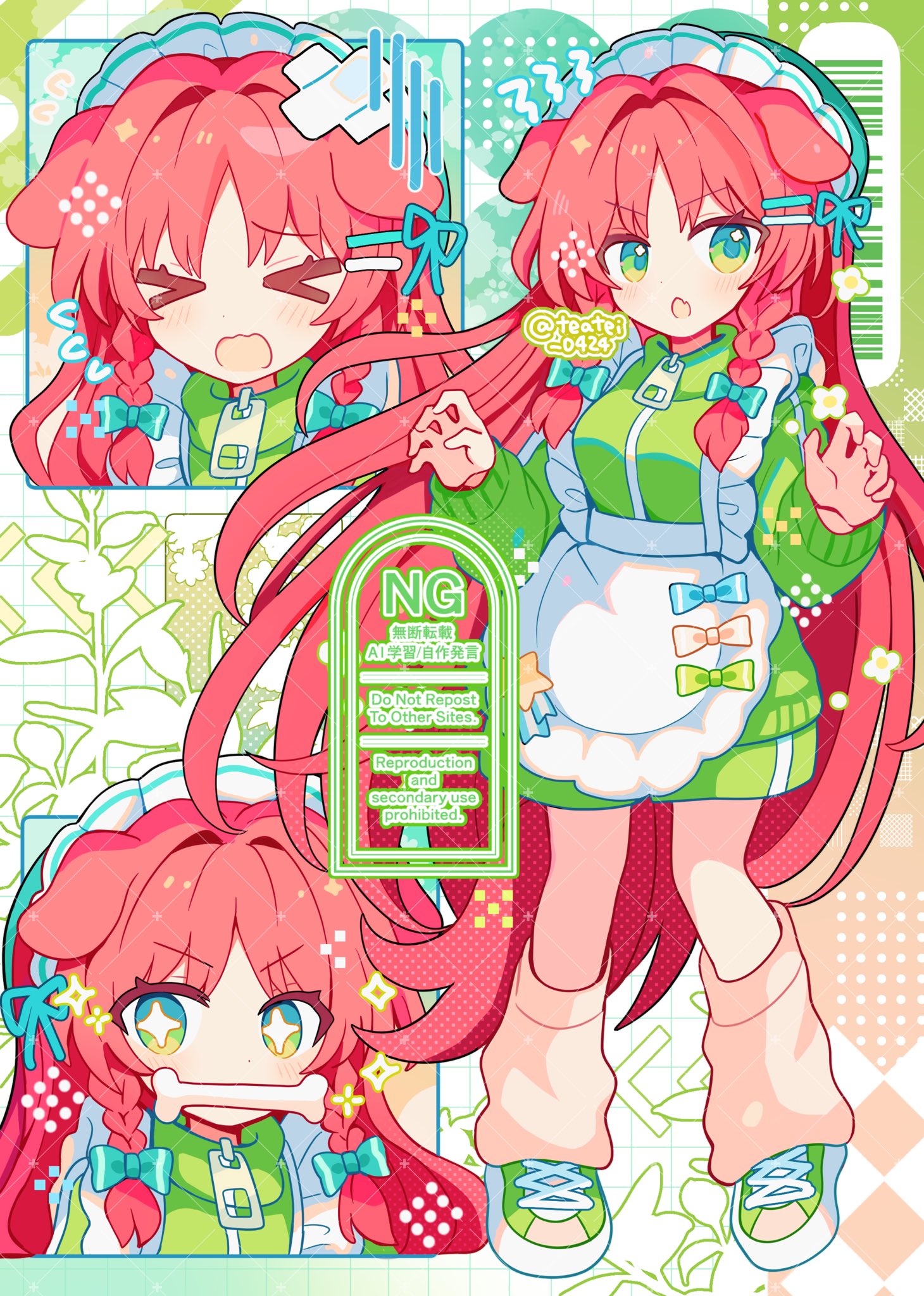 shirocha tei, hong meiling, touhou, commentary, highres, > <, + +, 1girl, :o, animal ears, apron, blush, bone, bone in mouth, braid, closed eyes, dog ears, dog girl, fang, flat chest, frilled apron, frills, full body, green eyes, green jacket, green shoes, jacket, jersey maid, kemonomimi mode, long hair, long sleeves, looking at viewer, loose socks, maid, maid headdress, open mouth, pink socks, red hair, shoes, skin fang, sneakers, socks, standing, track jacket, twin braids, twitter username, unconventional maid, v-shaped eyebrows, very long hair, watermark, white apron, zipper