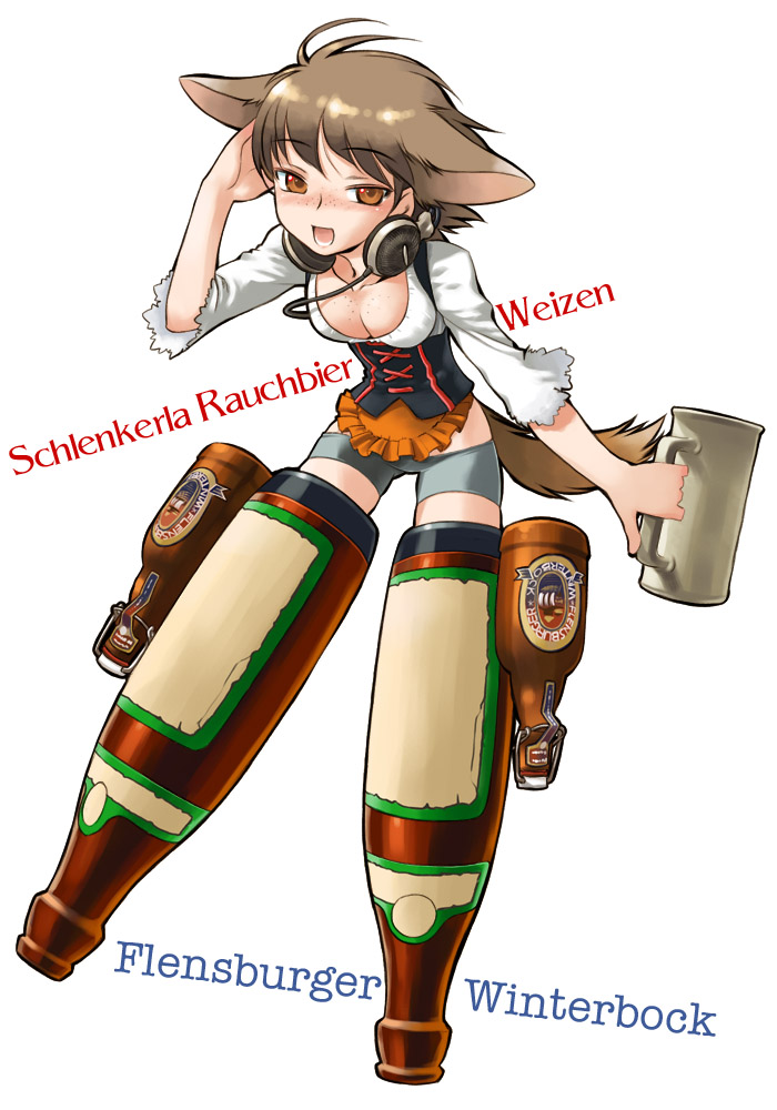 nakamura tetsuya, original, strike witches, world witches series, bad id, bad pixiv id, 1girl, alcohol, animal ears, beer, blush, breasts, brown eyes, female focus, food as clothes, freckles, headphones, headphones around neck, medium breasts, oktoberfest, parody, personification, solo, striker unit