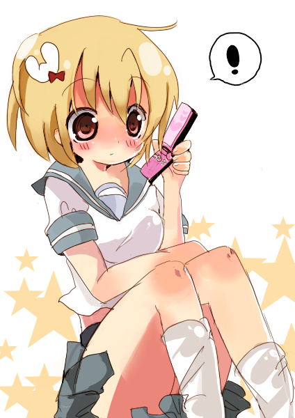 hime mirena, himemi rena, original, bad id, bad pixiv id, !, 1girl, blonde hair, blush, cellphone, female focus, phone, school uniform, serafuku, short hair, solo, talking on phone