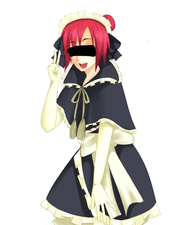 yoshino (pixiv81884), hosokawa gracia, sengoku musou, sengoku musou 2, bad id, bad pixiv id, 1girl, bar censor, blindfold, bow, censored, elbow gloves, female focus, gloves, hair bun, maid, red hair, short hair, single hair bun, solo, v, white gloves
