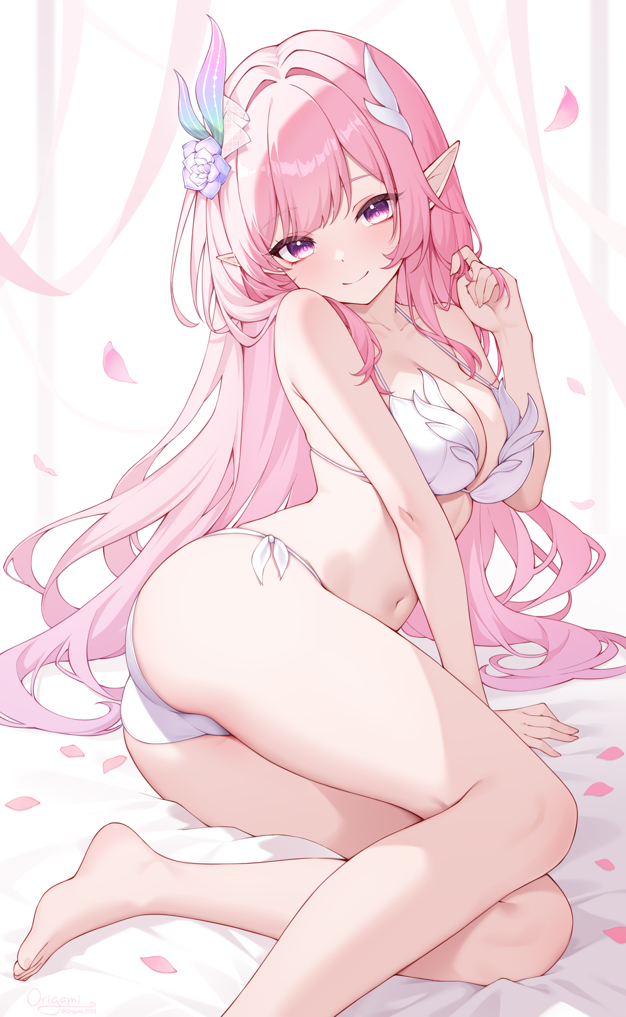 origami (poinia), cyrene (honkai: star rail), cyrene (ripples of past reverie) (honkai: star rail), honkai: star rail, honkai (series), absurdres, commentary request, highres, paid reward available, 1girl, ass, bare shoulders, barefoot, bra, breasts, closed mouth, curvy, falling petals, fingernails, flower, foot out of frame, hair flower, hair intakes, hair ornament, hand up, jewelry, large breasts, light blush, long hair, looking at viewer, lying, navel, on bed, on side, panties, petals, pink hair, pink petals, pink pupils, pointy ears, purple eyes, purple flower, purple rose, rose, sidelocks, signature, smile, solo, stomach, thighs, underwear, underwear only, very long hair, white bra, white panties