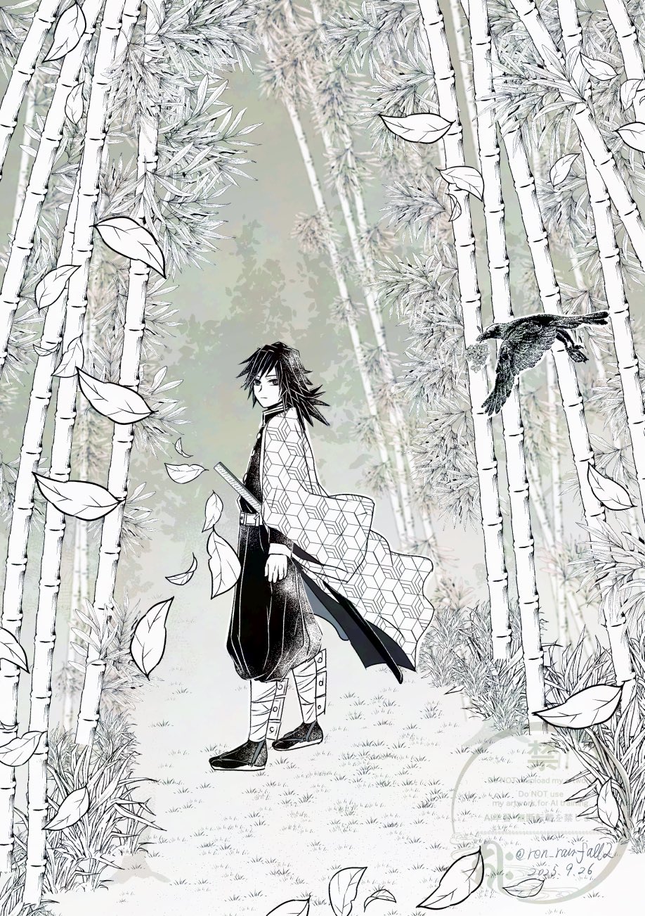 runa (ren rainfall), kanzaburou (kimetsu no yaiba), tomioka giyuu, kimetsu no yaiba, highres, 1boy, bamboo, bamboo forest, bird, buttons, closed mouth, crow, demon slayer uniform, falling leaves, forest, full body, greyscale, haori, high collar, jacket, japanese clothes, katana, kikkoumon, leaf, low ponytail, male focus, monochrome, nature, outdoors, pants, ponytail, print haori, sandals, scenery, socks, solo, spiked hair, sword, watermark, weapon