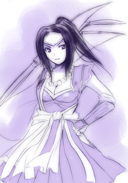 hayama eishi, nari otoko, inahime, nariko, sengoku musou, 1girl, breasts, circlet, cleavage, elbow gloves, female focus, gloves, jewelry, monochrome, necklace, ponytail, purple theme, solo