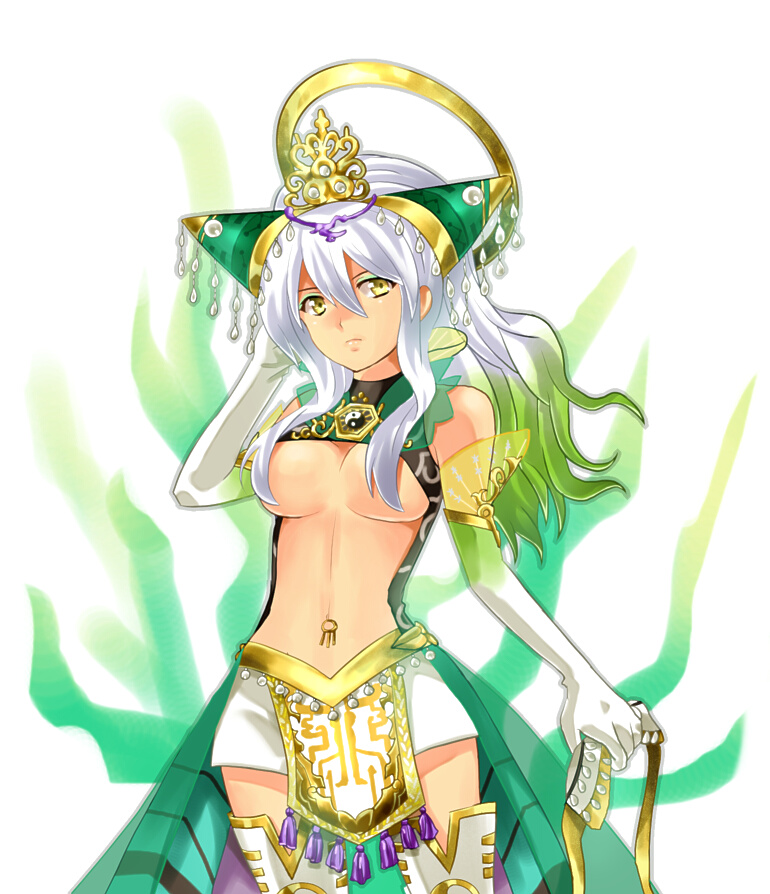 hayama eishi, nari otoko, nariko, nu wa, musou orochi, musou orochi 2, bad id, bad pixiv id, 1girl, breasts, elbow gloves, female focus, gloves, hair ornament, large breasts, long hair, miniskirt, skirt, solo, thighhighs, underboob, white hair, yellow eyes