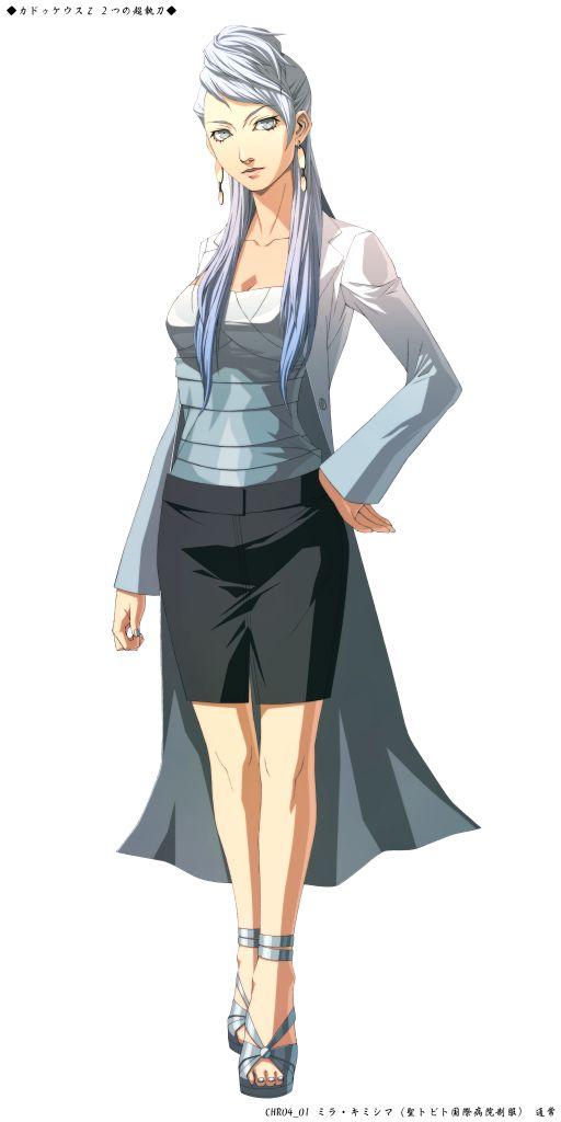 doi masayuki, mira kimishima, chou shittou caduceus, silver hair, jpeg artifacts, official art, 1girl, earrings, feet, female focus, grey eyes, hand on own hip, high heels, hip focus, jewelry, lab coat, long hair, miniskirt, pencil skirt, sandals, shoes, skirt, solo