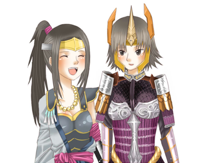 38, inahime, tachibana ginchiyo, sengoku musou, sengoku musou 2, 2girls, :d, :o, armor, black hair, blush, breastplate, gem, headpiece, multiple girls, open mouth, parted lips, ponytail, shoulder pads, simple background, smile, white background
