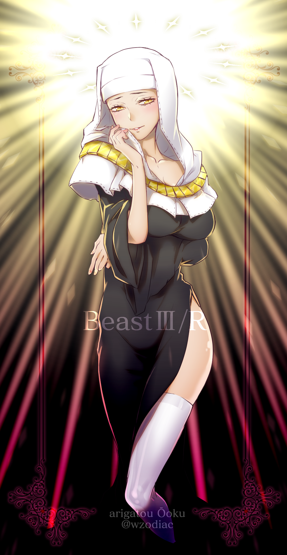 rukashio, sessyoin kiara, fate/grand order, fate (series), commentary request, highres, 1girl, black dress, breasts, buddhist nun, collarbone, dress, eyelashes, jewelry, necklace, nun, side slit, solo, thighhighs, white thighhighs, yellow eyes