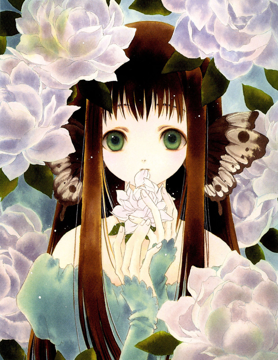 azumi tooru, tooru azumi, highres, 1girl, bare shoulders, brown hair, female focus, flower, green eyes, long hair, mouth hold, rose, solo