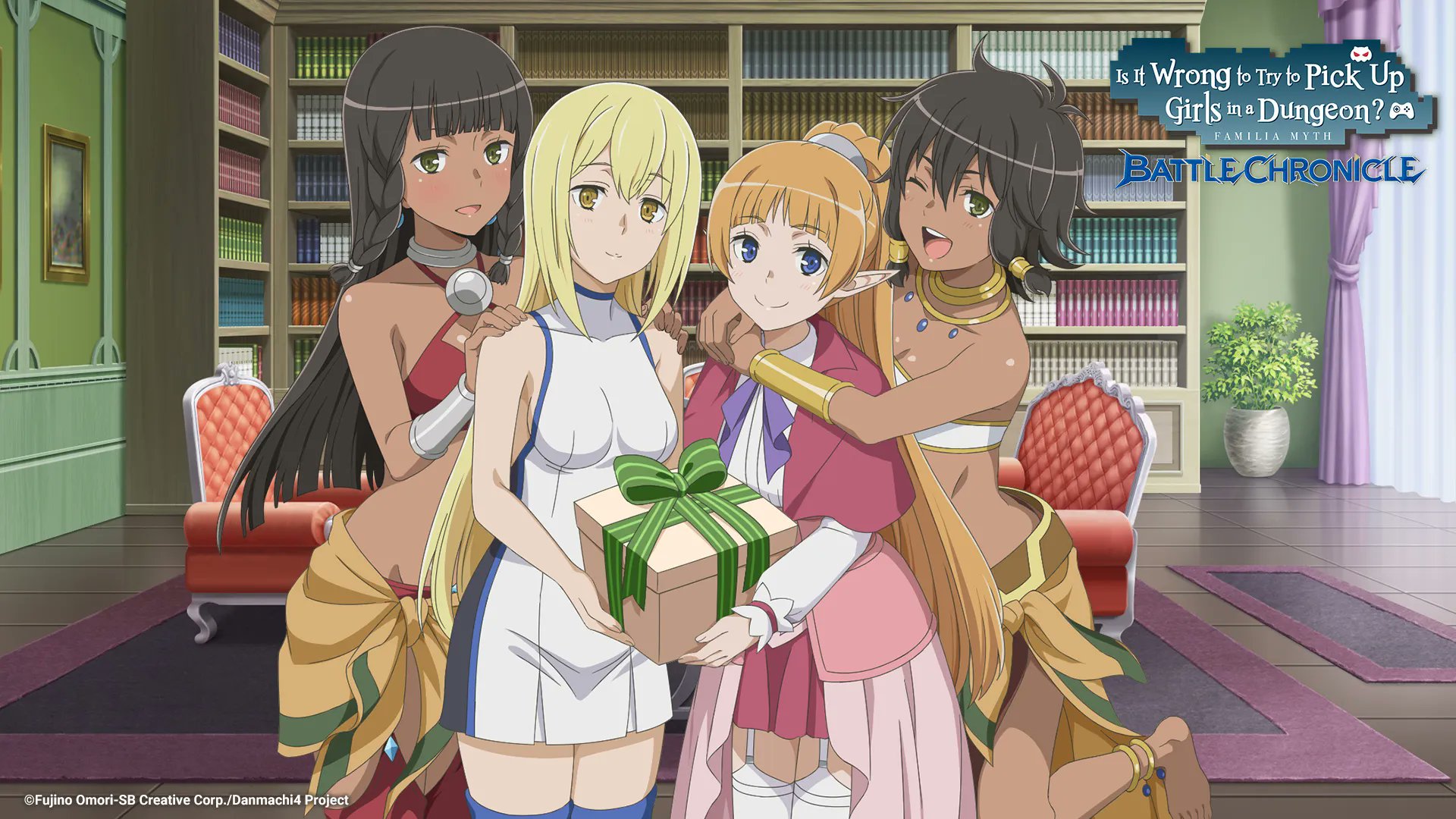 aiz wallenstein, lefiya viridis, tiona hyryute, tione hyryute, danmachi battle chronicle, dungeon ni deai wo motomeru no wa machigatteiru darou ka, commentary, english commentary, highres, official art, second-party source, 4girls, :d, anime coloring, bandeau, bare shoulders, bikini, black hair, blonde hair, blue eyes, blunt bangs, bookshelf, box, bracer, braid, braided sidelocks, breasts, capelet, carpet, closed mouth, copyright name, copyright notice, couch, criss-cross halter, dark-skinned female, dark skin, dress, elf, gift, gift box, green eyes, halterneck, hands on another's shoulders, holding, holding gift, hug, hug from behind, indoors, jewelry, light blush, long hair, looking at viewer, medium breasts, metal hair tubes, multiple girls, neck ring, one eye closed, open mouth, orange hair, pointy ears, red bikini, red capelet, sarong, shirt, short hair, siblings, sidelocks, sisters, sleeveless, sleeveless dress, smile, swimsuit, turtleneck, turtleneck dress, twins, white bandeau, white dress, white shirt, yellow eyes, yellow sarong