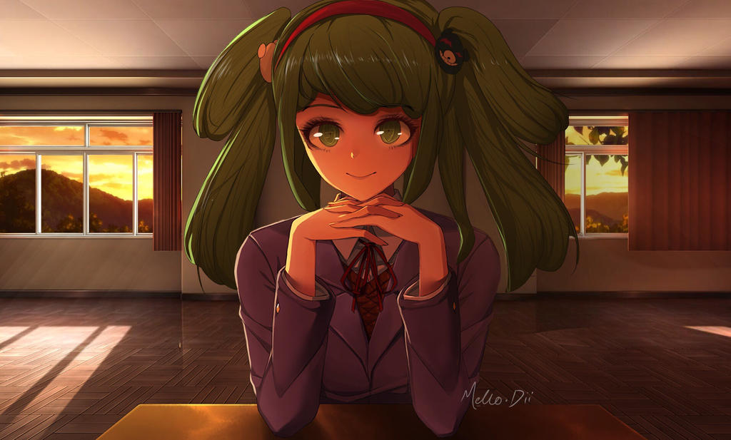 mello-dii, towa monaca, danganronpa (series), danganronpa 3 (anime), doki doki literature club, commentary, derivative work, english commentary, 1girl, artist name, blazer, closed mouth, cloud, collared shirt, curtains, desk, doki doki literature club school uniform, eyelashes, green eyes, green hair, hairband, indoors, jacket, just monika (meme), leaf, long hair, long sleeves, looking at viewer, meme, name connection, neck ribbon, official alternate hairstyle, red hairband, red ribbon, ribbon, school uniform, shirt, signature, sky, smile, solo, straight-on, sweater vest, twintails, window, window shadow