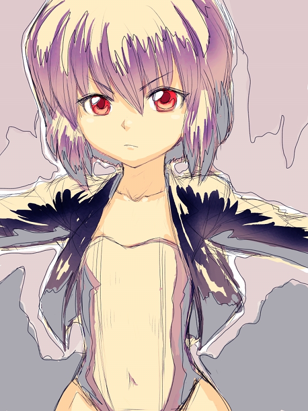 fumio (rsqkr), kusanagi motoko, ghost in the shell, ghost in the shell: stand alone complex, 00s, 1girl, child, female focus, flat chest, jacket, leotard, purple hair, red eyes, short hair, solo