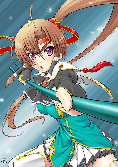 lb, bachou (koihime musou), koihime musou, 00s, 1girl, ahoge, angry, breasts, brown hair, female focus, fighting stance, headband, long hair, open mouth, ponytail, purple eyes, skirt, solo, staff, thighhighs, white thighhighs