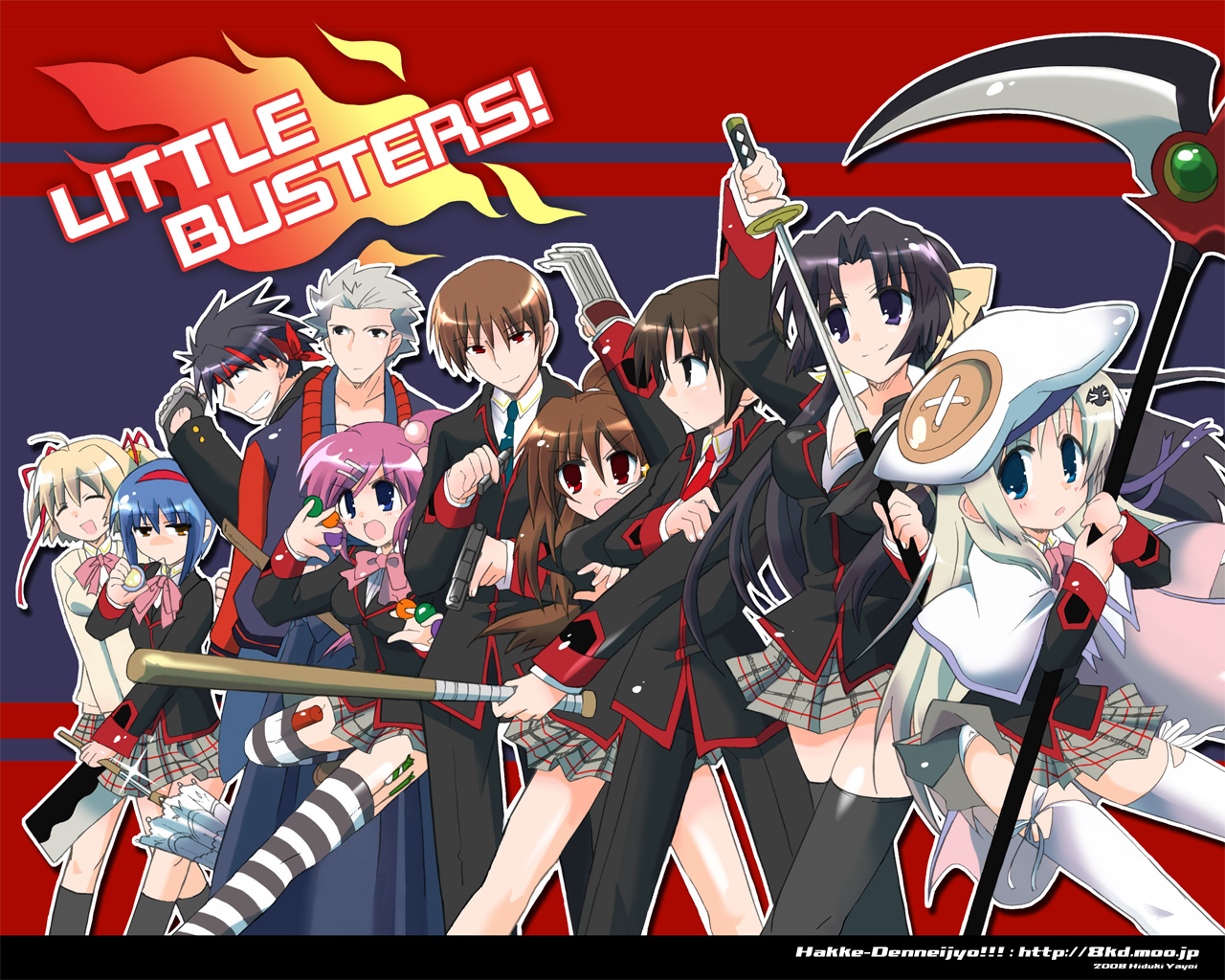 hizuki yayoi, inohara masato, kamikita komari, kurugaya yuiko, miyazawa kengo, naoe riki, natsume kyousuke, natsume rin, nishizono mio, noumi kudryavka, saigusa haruka, little busters!, silver hair, striped legwear, bad id, bad pixiv id, 4boys, 6+girls, baseball bat, bat (animal), black hair, blazer, blonde hair, blue eyes, blue hair, bow, bowtie, brass knuckles, brown eyes, brown hair, claws, cleaver, closed eyes, closed umbrella, copyright name, firecrackers, group picture, group profile, gun, hair bow, hair ornament, hairband, hairpin, hakama, hakama skirt, hat, headband, jacket, japanese clothes, katana, kneehighs, large buttons, letterman jacket, lineup, multiple boys, multiple girls, orange eyes, pink hair, plaid clothes, plaid skirt, profile, red eyes, school uniform, scythe, serafuku, skirt, socks, striped clothes, striped thighhighs, sword, thighhighs, umbrella, weapon, yo-yo