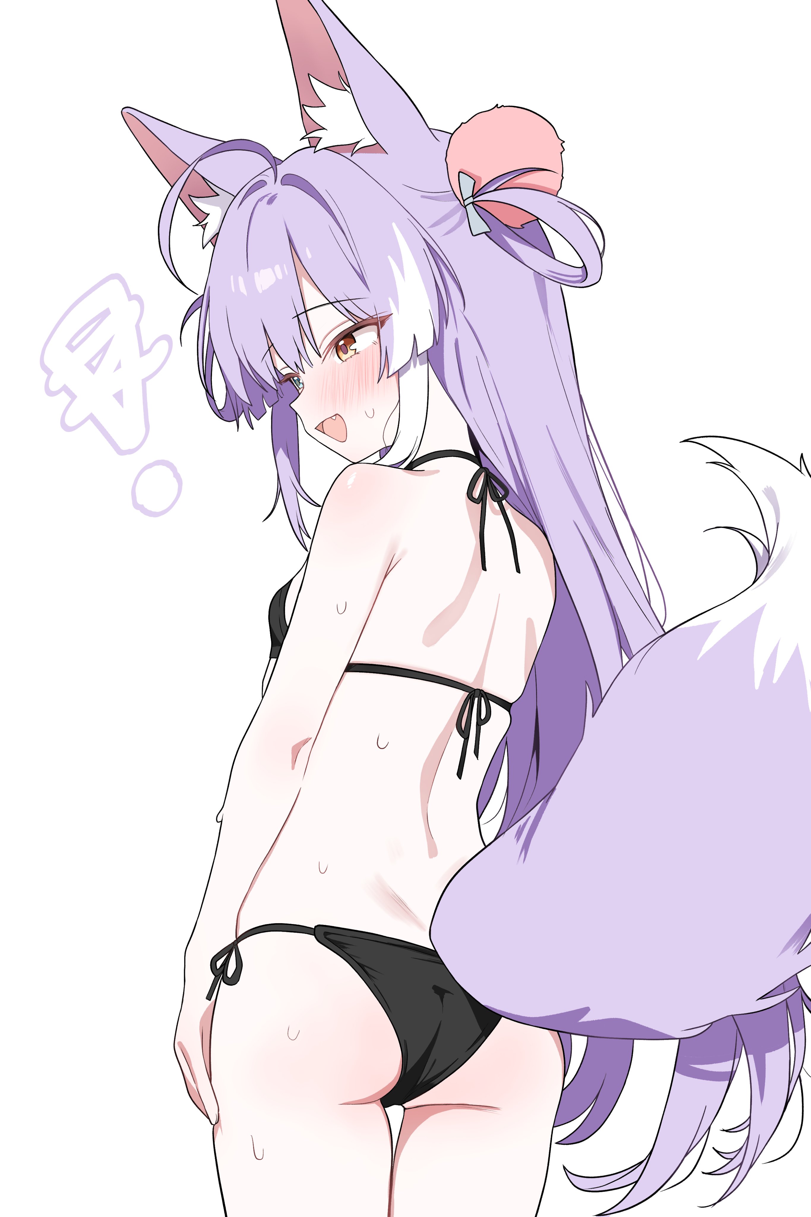 saho 4545, tenko shibuki, stellive, absurdres, highres, !, 1girl, ahoge, animal ears, ass, bare arms, bare shoulders, bikini, black bikini, blue eyes, blush, breasts, cowboy shot, fang, fox ears, fox girl, fox tail, from behind, hair rings, halterneck, heterochromia, looking ahead, median furrow, open mouth, purple hair, side-tie bikini bottom, simple background, skindentation, small breasts, smile, solo, string bikini, sweat, swimsuit, tail, tail raised, thigh gap, thighs, virtual youtuber, white background, yellow eyes