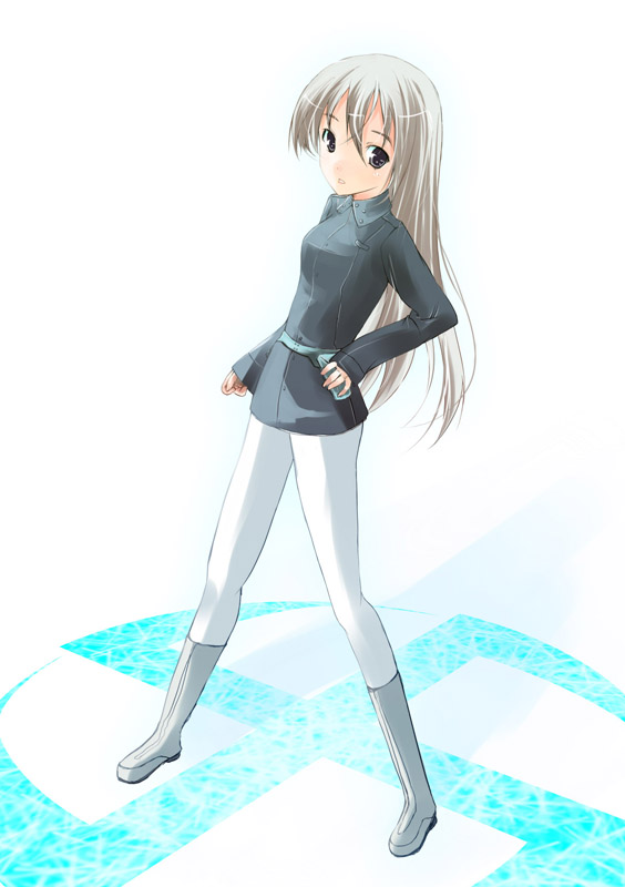 ooka (skavler), eila ilmatar juutilainen, strike witches, world witches series, 00s, 1girl, blonde hair, boots, female focus, hand on own hip, long hair, long sleeves, looking at viewer, pantyhose, simple background, solo, swastika, very long hair, white background, white pantyhose