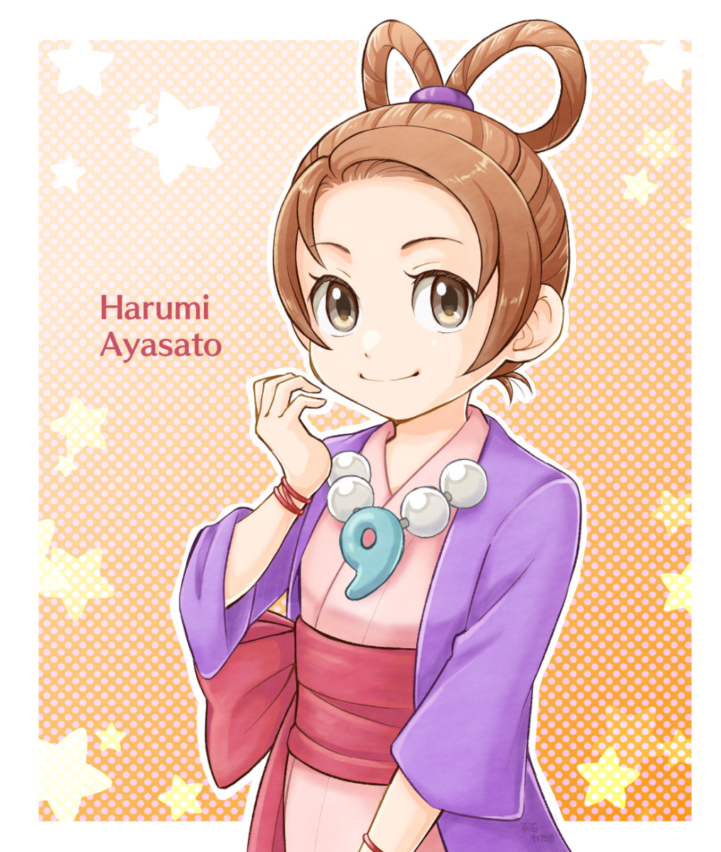 hiraishi wataru, pearl fey, ace attorney, highres, 1girl, border, brown eyes, brown hair, character name, closed mouth, hair rings, japanese clothes, jewelry, kimono, looking at viewer, magatama, magatama necklace, necklace, outline, outside border, pink kimono, short hair, smile, solo, star (symbol), white border, white outline