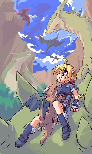 redrantem, tomoshibi hidekazu, girl with a blonde braid (tomoshibi hidekazu), redrantem's orange haired girl, original, lowres, 1girl, dragon, female focus, oekaki, solo