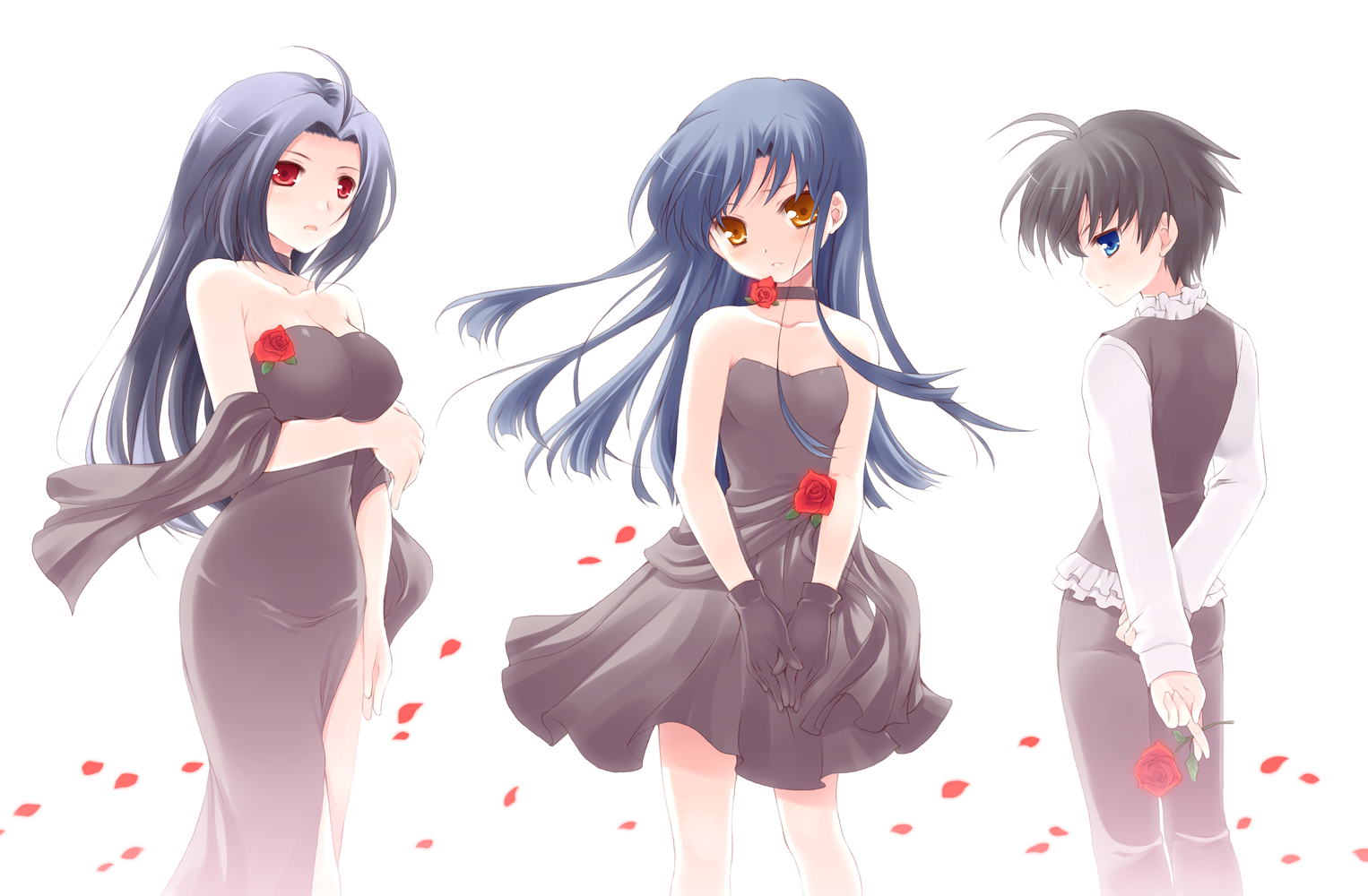 komi zumiko, kikuchi makoto, kisaragi chihaya, miura azusa, idolmaster, idolmaster (classic), idolmaster 1, 00s, 3girls, antenna hair, blue eyes, blue hair, breasts, dress, flower, formal clothes, gloves, long hair, medium breasts, multiple girls, red eyes, rose, short hair