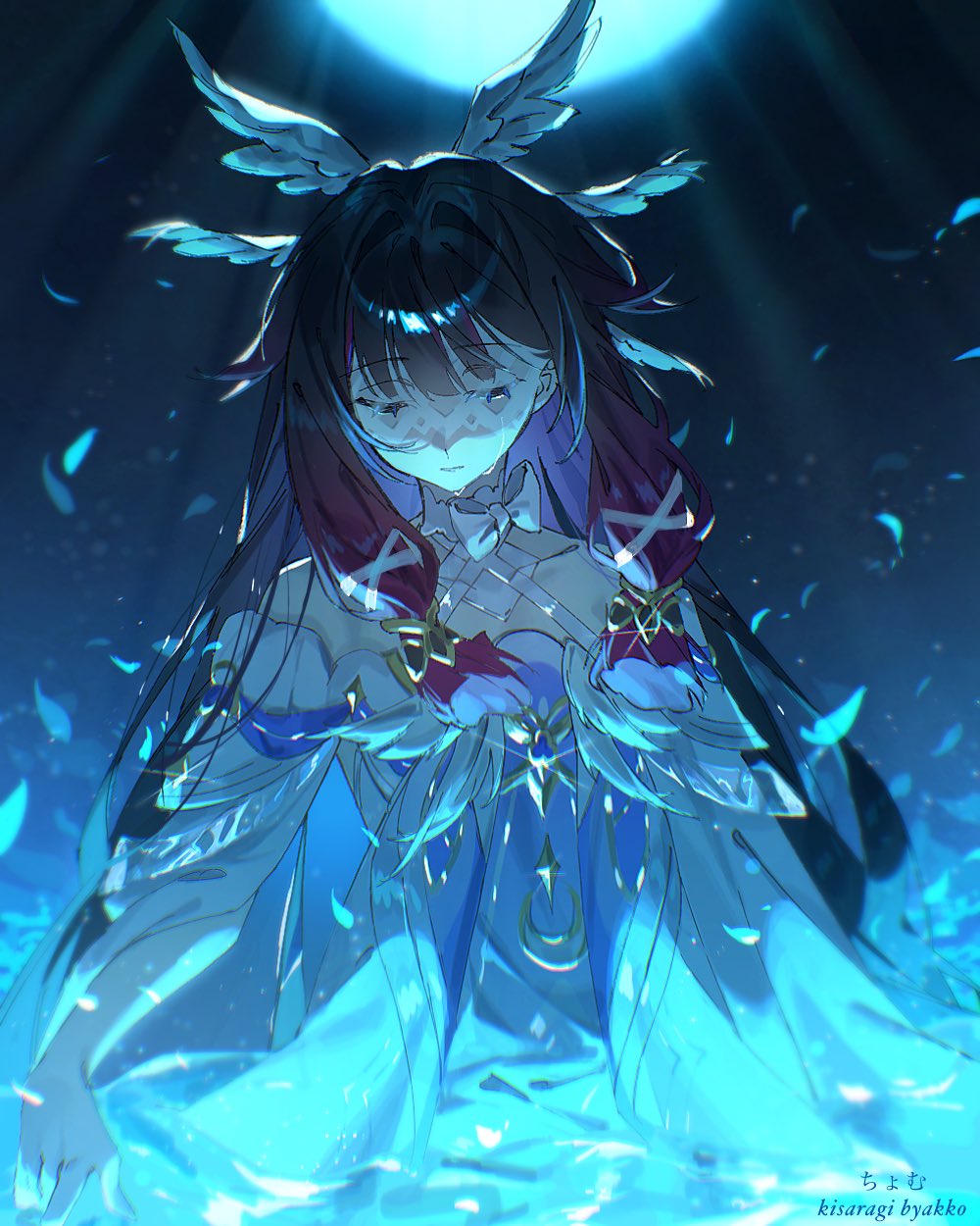 kisaragi byakko, columbina (genshin impact), genshin impact, highres, 1girl, black hair, blue light, closed eyes, closed mouth, dark background, dress, eye mask, glowing, hair ornament, head wings, long hair, moon, multicolored hair, pink hair, solo, streaked hair, two-tone hair, very long hair, white dress, white mask, white wings, wings, x-shaped eyewear