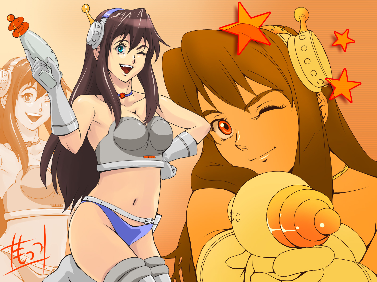 mots, arita shion, birdy cephon altera, tetsuwan birdy, tetsuwan birdy decode, bad id, bad pixiv id, highres, 00s, 1girl, blue eyes, breasts, brown hair, choker, cleavage, collar, gloves, gun, long hair, looking at viewer, navel, one eye closed, smile, thighhighs, weapon, wink