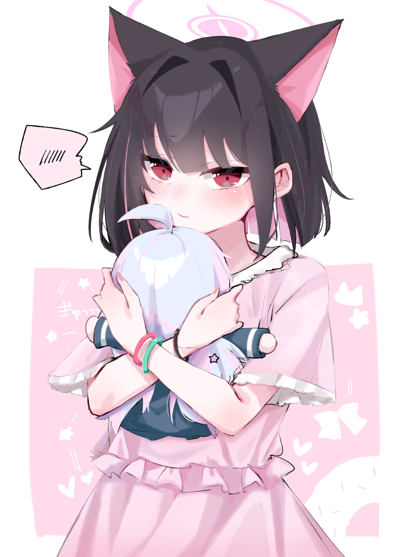 negu (pixiv 6519140), kazusa (blue archive), reisa (blue archive), blue archive, highres, 1girl, alternate costume, animal ears, black hair, black jacket, blue hair, blush, cat ears, cat girl, closed mouth, colored inner animal ears, colored inner hair, extra ears, frilled shirt, frills, halo, hugging doll, hugging object, jacket, looking at viewer, multicolored hair, pink hair, pink halo, pink shirt, pink skirt, red eyes, shirt, short sleeves, skirt, smile, stuffed toy, two-tone hair