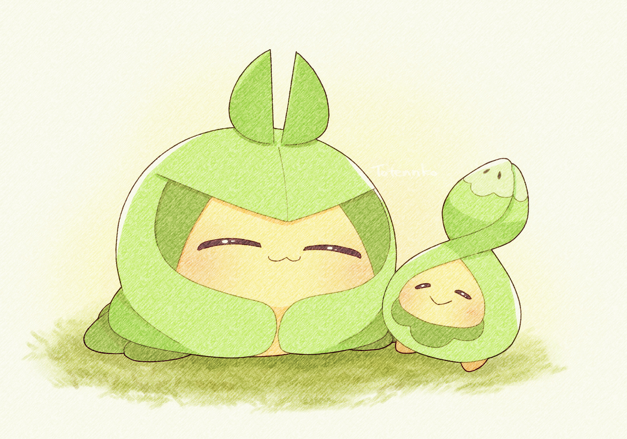 totennko, budew, swadloon, nintendo, pokemon, highres, artist name, blush, closed eyes, gen 4 pokemon, gen 5 pokemon, grass, no humans, pokemon (creature), signature, smile