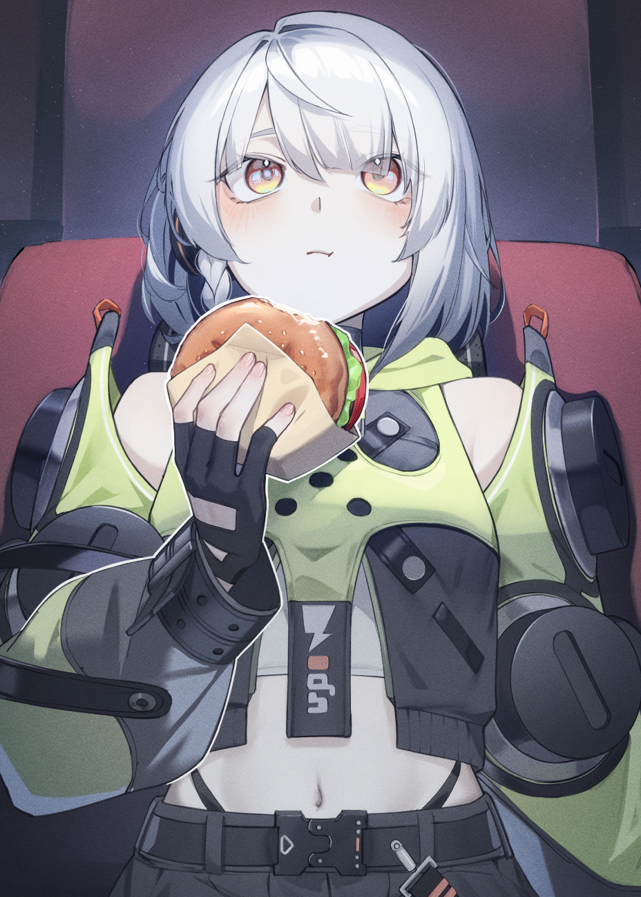 pero (peroneko0510), anby demara, zenless zone zero, highres, 1girl, black gloves, burger, closed mouth, eating, fingerless gloves, food, gloves, green jacket, holding, holding burger, holding food, jacket, long sleeves, looking up, navel, short hair, solo, white hair, yellow eyes