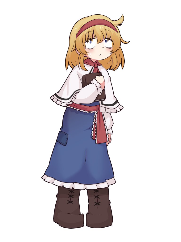 blackbad, alice margatroid, touhou, commentary, 1girl, belt, blonde hair, blue dress, book, boots, brown boots, capelet, dress, expressionless, frilled capelet, frills, full body, hairband, holding, holding book, looking at viewer, red belt, red hairband, simple background, solo, standing, white background, white capelet