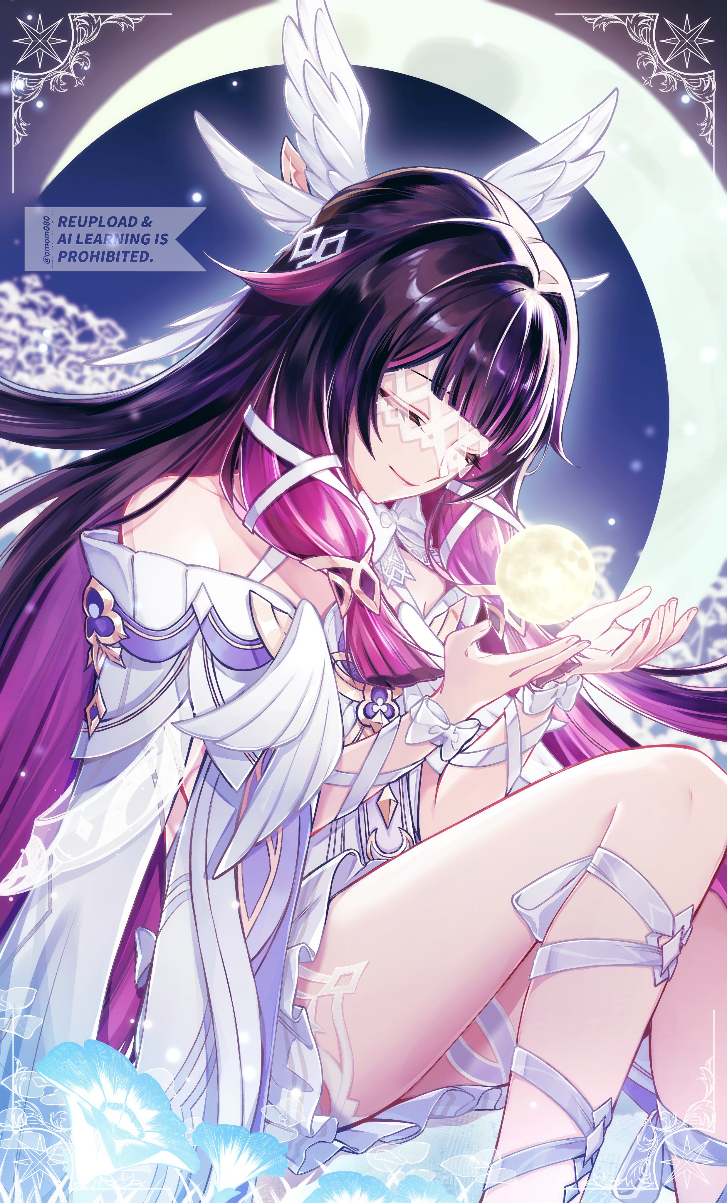 yuu (isis7796), columbina (genshin impact), genshin impact, absurdres, highres, 1girl, black hair, bow, closed eyes, closed mouth, crescent moon, dress, eye mask, feathered wings, hair ornament, head wings, long hair, moon, multicolored hair, pink hair, ribbon, sitting, smile, solo, streaked hair, two-tone hair, very long hair, white dress, white mask, white wings, wings, wrist bow, x-shaped eyewear