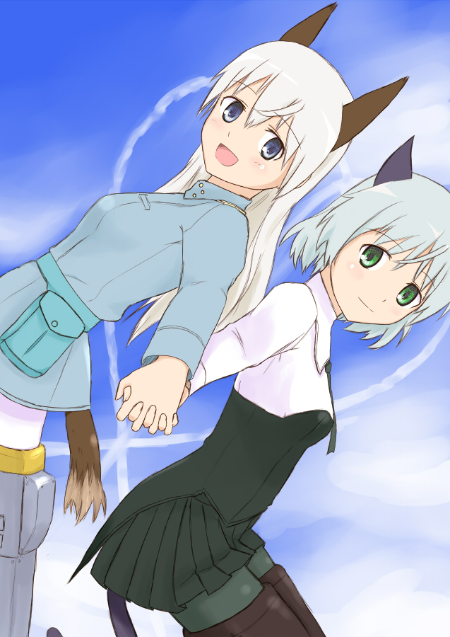 ashuku, eila ilmatar juutilainen, sanya v. litvyak, strike witches, world witches series, 00s, 2girls, animal ears, black pantyhose, cat ears, cat tail, fox ears, fox tail, holding hands, military, military uniform, multiple girls, pantyhose, striker unit, tail, white pantyhose, wolf ears, wolf tail