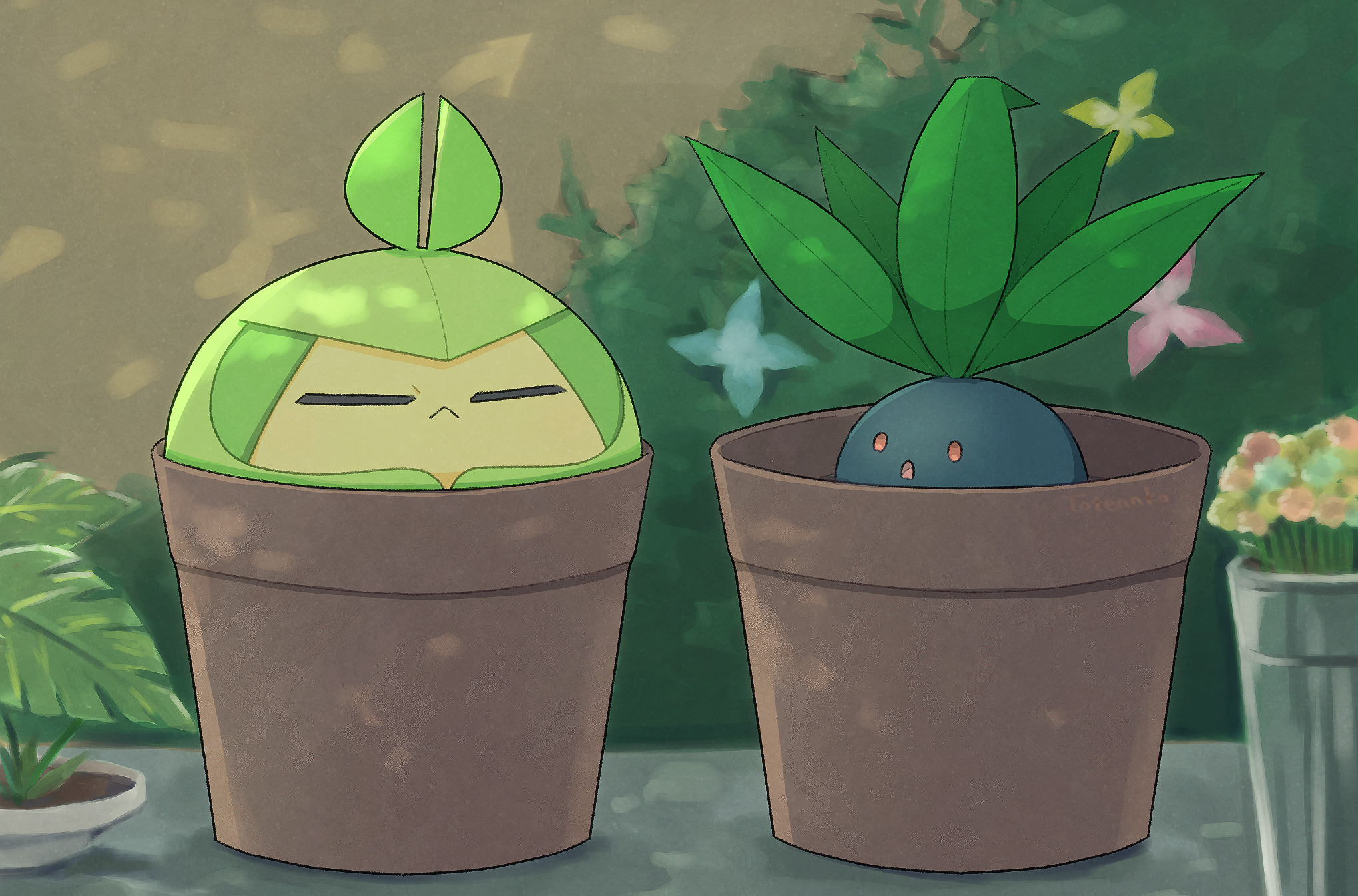 totennko, oddish, swadloon, nintendo, pokemon, highres, artist name, closed eyes, day, flower pot, gen 1 pokemon, gen 5 pokemon, leaf, no humans, outdoors, plant, pokemon (creature), signature