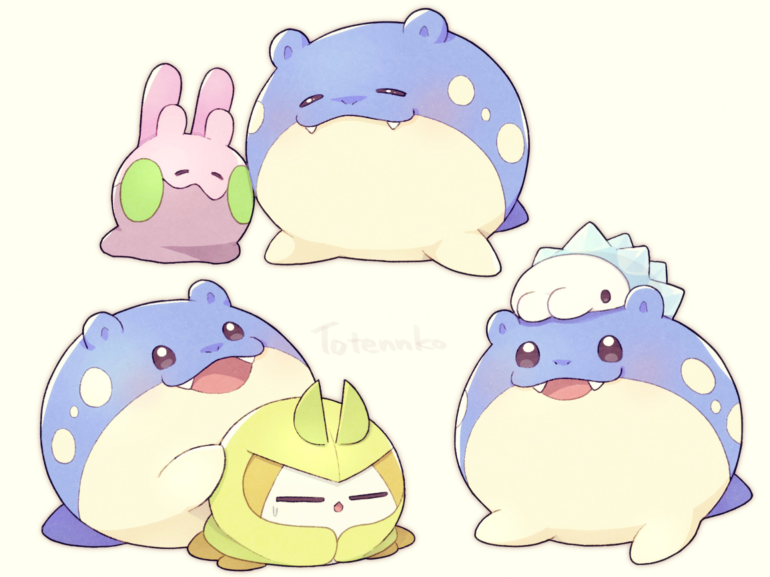 totennko, goomy, snom, spheal, swadloon, nintendo, pokemon, alternate color, artist name, blue fur, blush, closed eyes, gen 3 pokemon, gen 5 pokemon, gen 6 pokemon, gen 8 pokemon, no humans, open mouth, pokemon (creature), shiny pokemon, signature, simple background, two-tone fur, white background, white fur