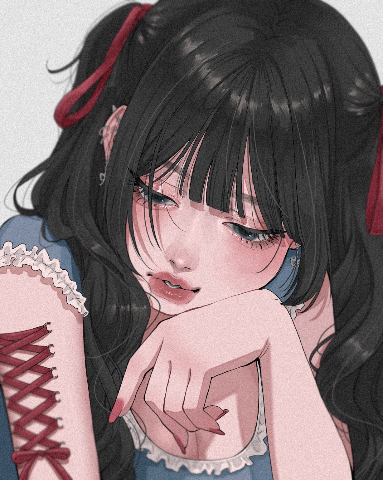 tamori (tamori www), original, highres, 1girl, aegyo sal, arm piercing, barbell piercing, black hair, blue eyes, blue shirt, blurry, corset piercing, depth of field, double-parted bangs, ear piercing, eyelashes, film grain, fingernails, frilled sleeves, frills, grey background, hair over shoulder, hair ribbon, half-closed eyes, head on arm, head rest, industrial piercing, long fingernails, long hair, looking down, nail polish, parted lips, piercing, portrait, red nails, red ribbon, ribbon, ribbon earrings, scoop neck, shirt, short sleeves, two side up, wavy hair