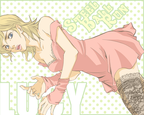 noritama (ibatan), noritama (pixiv94983), lucy steel, jojo no kimyou na bouken, steel ball run, bad id, bad pixiv id, lowres, 1girl, bare shoulders, blonde hair, blue eyes, breasts, cleavage, collarbone, female focus, lace, medium breasts, open mouth, solo, thighhighs, wristband, zettai ryouiki