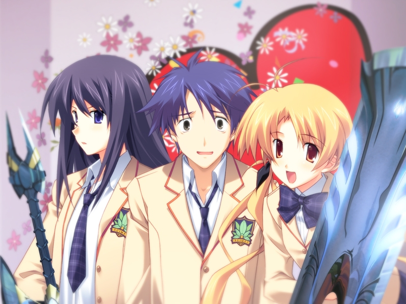 matsuo yukihiro, aoi sena, nishijou takumi, orihara kozue, 5pb., chaos;head, science adventure, game cg, 00s, 1boy, 2girls, antenna hair, blonde hair, blue eyes, blue hair, bow, flower, grey eyes, long hair, multiple girls, necktie, nervous, short hair, sword, twintails, weapon, yellow eyes