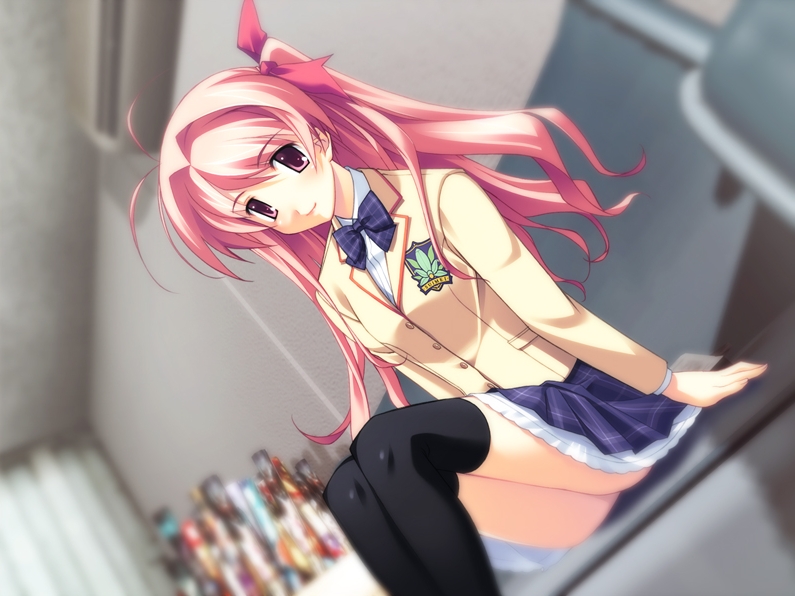matsuo yukihiro, sakihata rimi, 5pb., chaos;head, science adventure, plaid neckwear, game cg, 00s, 1girl, antenna hair, black thighhighs, bow, bowtie, dutch angle, female focus, hair ribbon, long hair, looking at viewer, one side up, pink hair, plaid bow, plaid bowtie, plaid clothes, plaid skirt, purple eyes, ribbon, school uniform, serafuku, sitting, skirt, smile, solo, thighhighs