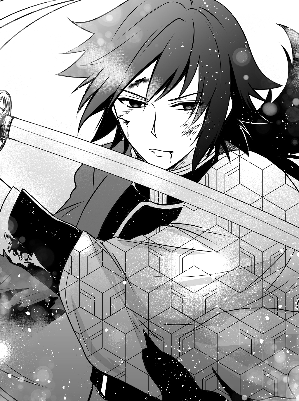 tomioka giyuu, kimetsu no yaiba, highres, 1boy, black hair, black jacket, blood, closed mouth, demon slayer uniform, fusasaki k, greyscale, haori, high collar, holding, holding sword, holding weapon, jacket, japanese clothes, katana, kikkoumon, low ponytail, male focus, monochrome, ponytail, print haori, solo, spiked hair, sword, upper body, weapon