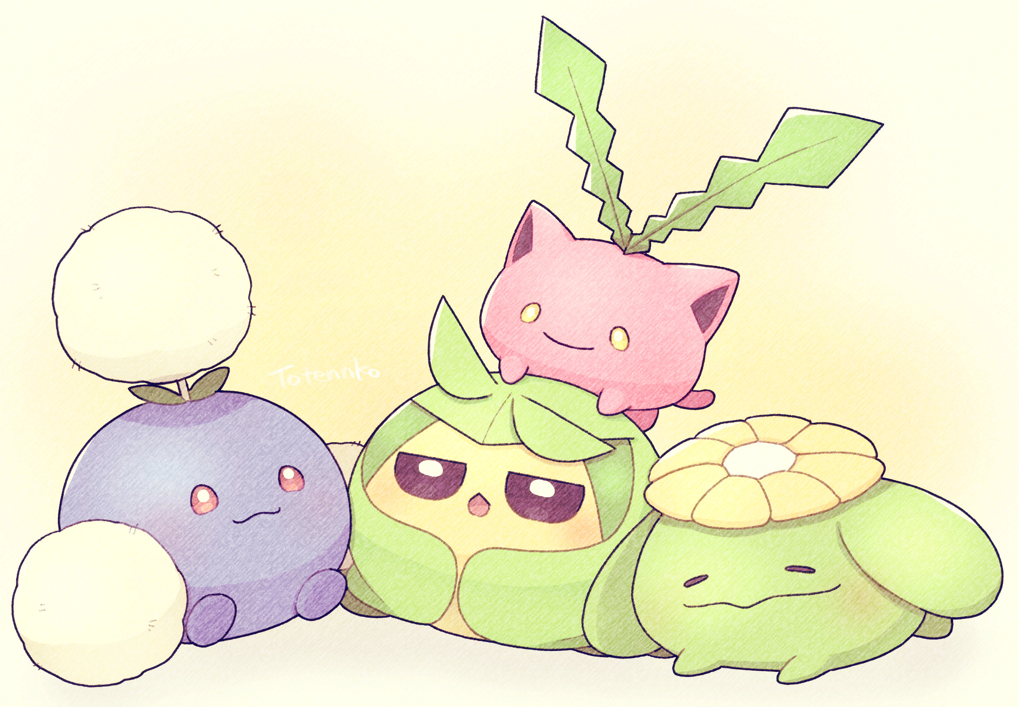 totennko, hoppip, jumpluff, skiploom, swadloon, nintendo, pokemon, highres, artist name, blush, closed eyes, gen 2 pokemon, gen 5 pokemon, gradient background, no humans, open mouth, pokemon (creature), signature, white background, yellow background