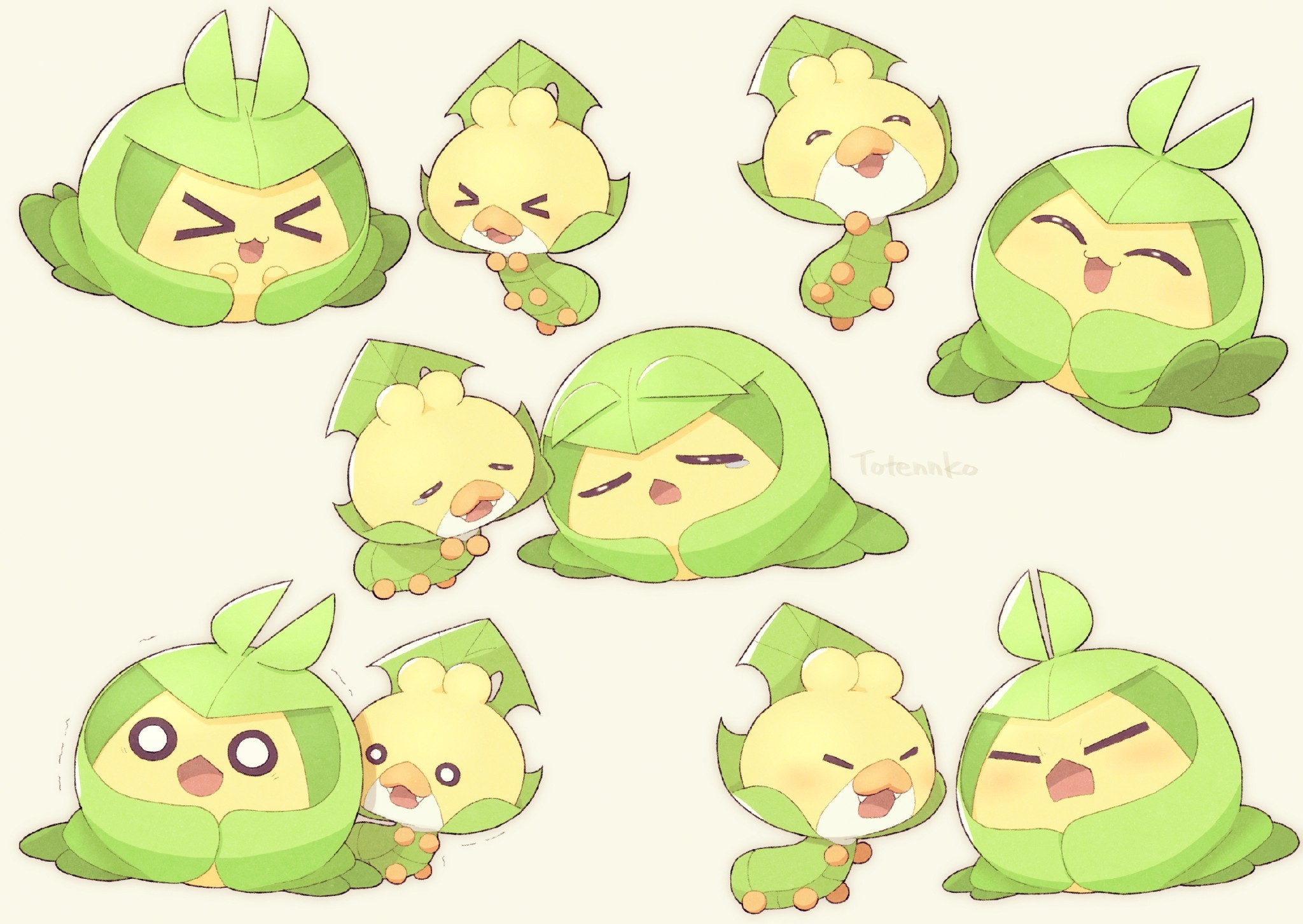 totennko, sewaddle, swadloon, nintendo, pokemon, highres, artist name, blush, closed eyes, gen 5 pokemon, no humans, open mouth, pokemon (creature), signature, simple background, white background