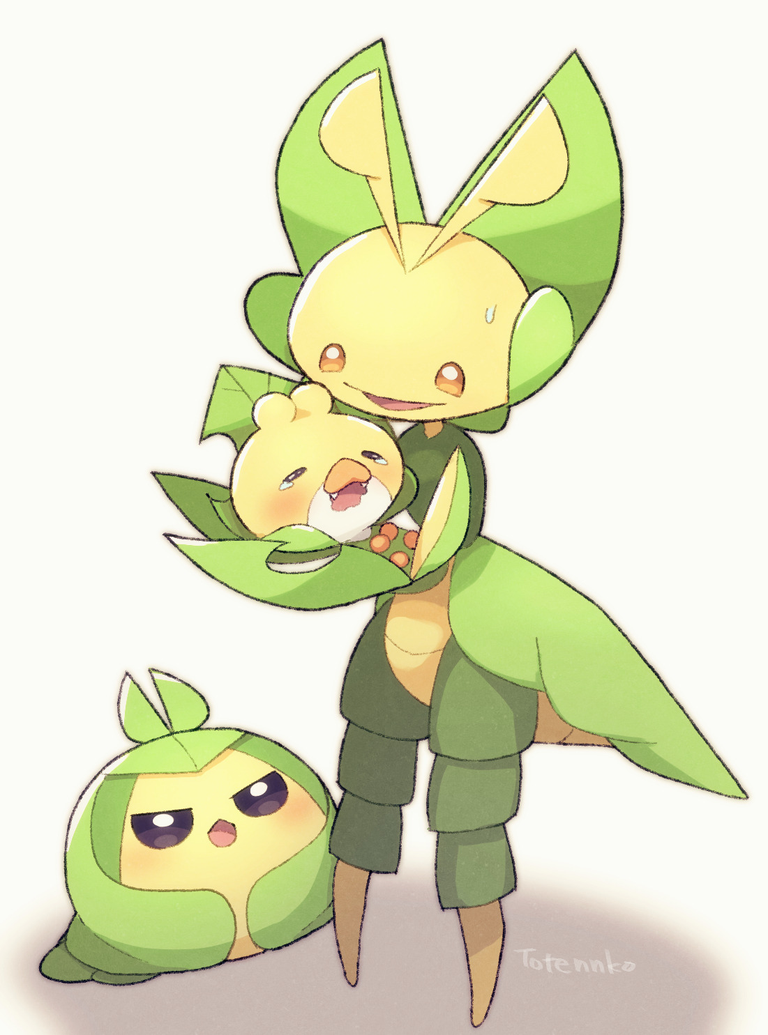 totennko, leavanny, sewaddle, swadloon, nintendo, pokemon, highres, antennae, artist name, blush, closed eyes, evolutionary line, gen 5 pokemon, holding, holding pokemon, no humans, open mouth, pokemon (creature), signature, simple background, white background