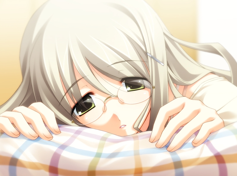 matsuo yukihiro, kusunoki yua, 5pb., chaos;head, science adventure, game cg, 00s, 1girl, close-up, female focus, green eyes, hair ornament, hairclip, long hair, lying, on stomach, solo, white hair