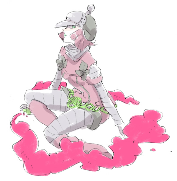 mokeo, cream starter (stand), hot pants (sbr), jojo no kimyou na bouken, steel ball run, fur, bad id, bad pixiv id, 1girl, belt, boots, female focus, green hair, hat, lipstick, makeup, pink hair, short hair, short shorts, shorts, sitting, solo, stand (jojo)