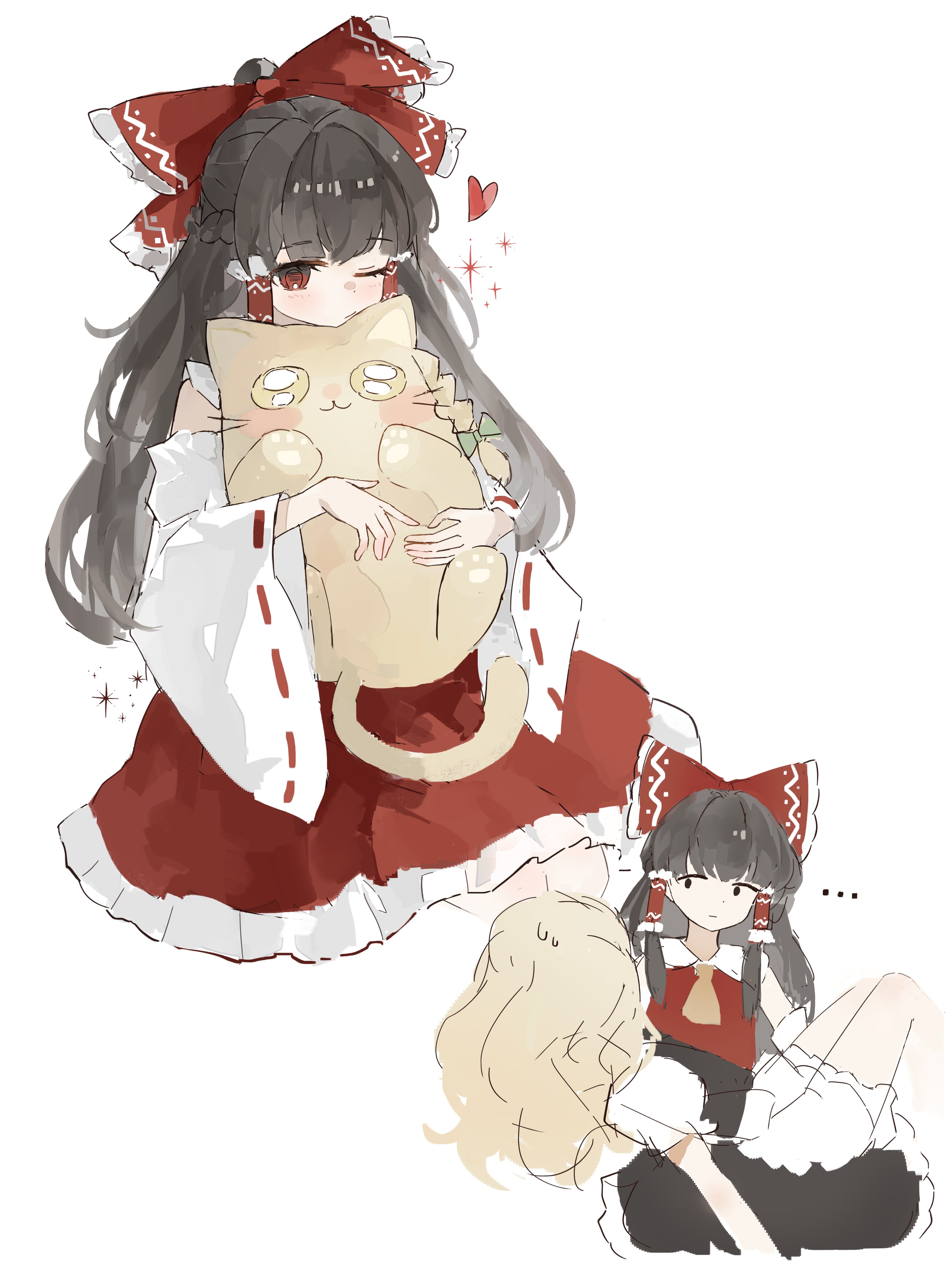 yuuneka, hakurei reimu, kirisame marisa, touhou, absurdres, highres, …, 2girls, animal, black hair, blonde hair, bloomers, carrying, carrying person, cat, detached sleeves, heart, holding, holding animal, holding cat, long hair, multiple girls, one eye closed, red eyes, red shirt, red skirt, shirt, simple background, skirt, underwear, upper body, white background, white bloomers, white sleeves, wide sleeves