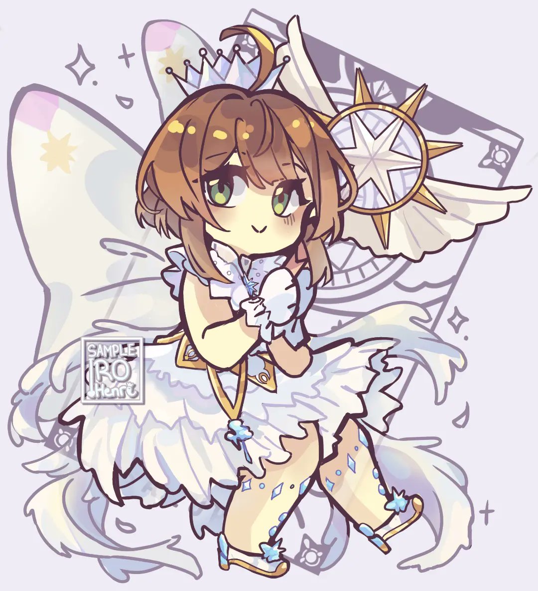 irohen rii, kinomoto sakura, cardcaptor sakura, cardcaptor sakura clear card arc, commentary, english commentary, 1girl, ahoge, artist logo, brown hair, chibi, chibi only, dress, full body, gloves, green eyes, holding, holding staff, hoshi no tsue, logo, looking at viewer, magical girl, pointed crown, smile, solo, staff, white dress, white gloves
