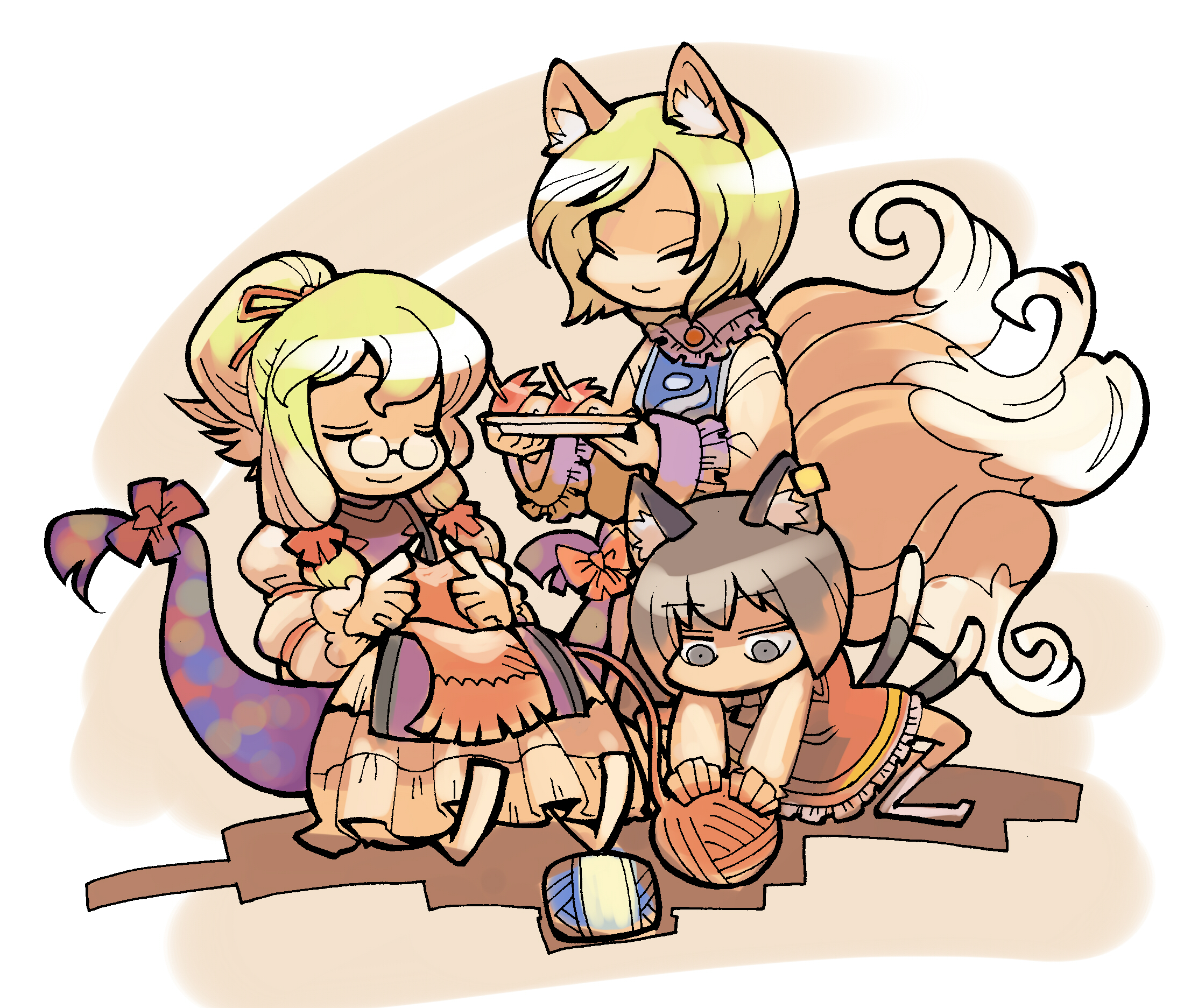 hounori, chen, yakumo ran, yakumo yukari, touhou, highres, 3girls, alternate hairstyle, animal ears, bespectacled, blonde hair, cat ears, cat girl, cat tail, earrings, female focus, fox ears, fox tail, gap (touhou), glasses, jewelry, knitting, long hair, long sleeves, multiple girls, multiple tails, no headwear, short hair, tail, yarn, yarn ball