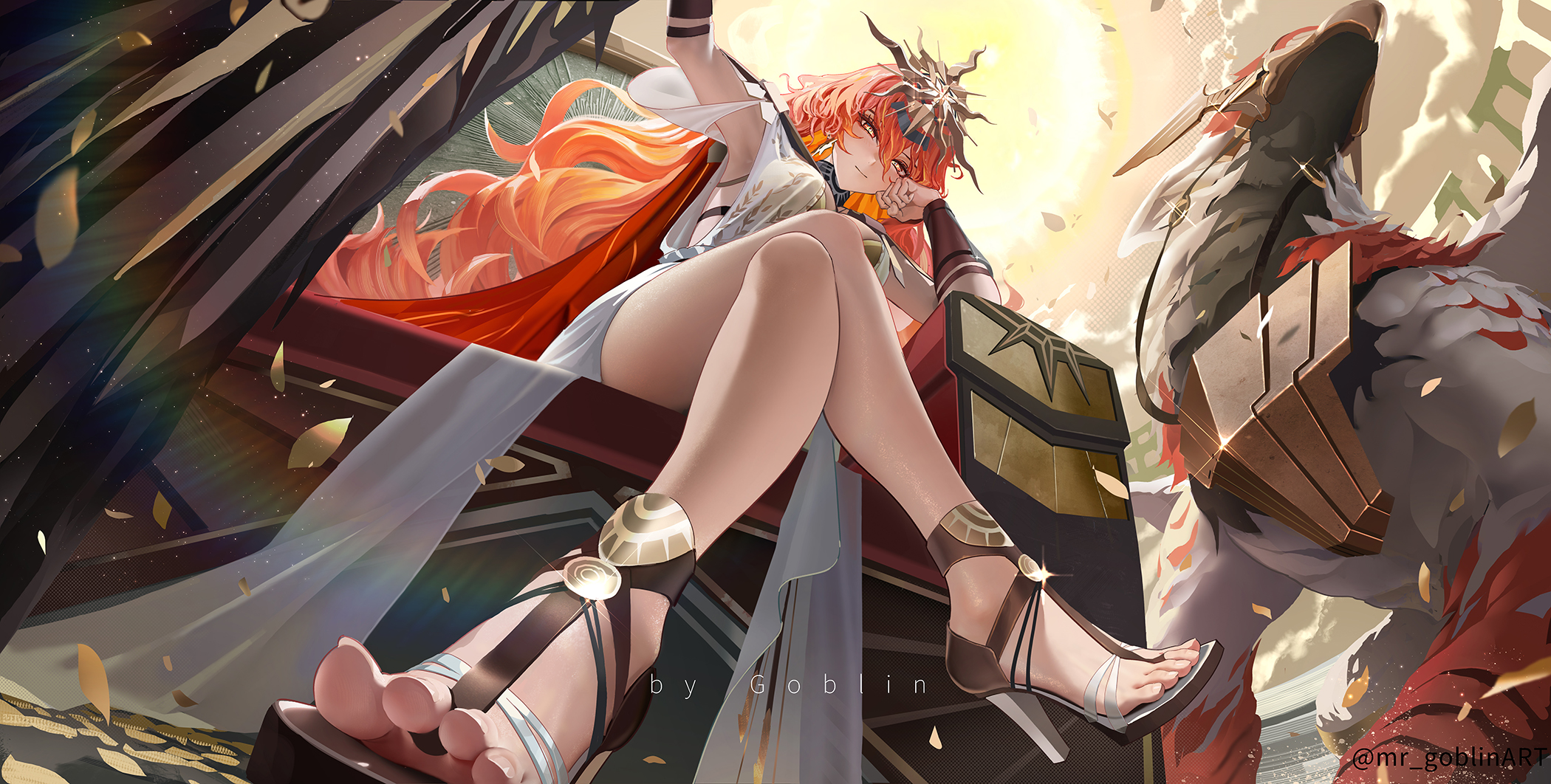 mr goblin, augusta (wuthering waves), wuthering waves, highres, revision, 1girl, arm armor, armor, artist name, bare legs, breastplate, breasts, closed mouth, crossed legs, feet, from below, hair between eyes, headgear, high heel sandals, legs, long hair, looking at viewer, looking down, medium breasts, missing commentary, orange hair, orange sky, red eyes, sandals, sky, solo, sun, tacet discord (wuthering waves), toenails, toes, very long hair