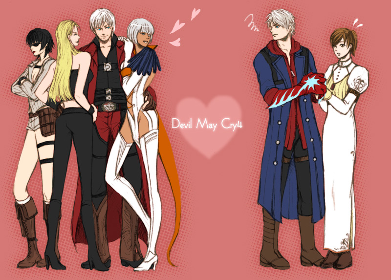 umekichi (pixiv139502), umekick, dante (devil may cry), gloria (devil may cry), kyrie (devil may cry), lady (devil may cry), nero (devil may cry), trish (devil may cry), capcom, devil may cry, devil may cry (series), devil may cry 4, 00s, 2boys, 4girls, black hair, blonde hair, blue eyes, boots, brown hair, crossed arms, dark skin, devil bringer, dual persona, hand on own hip, harem, heart, hip focus, jealous, multiple boys, multiple girls, pimp, sunglasses, thigh strap, thighhighs, white hair