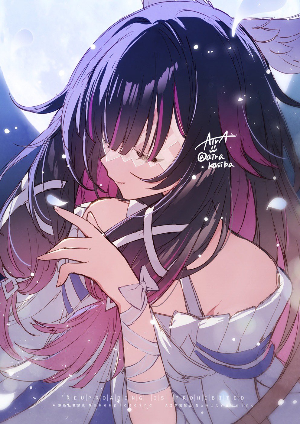 kashiba aira, columbina (genshin impact), genshin impact, commentary request, highres, revision, 1girl, artist name, bare shoulders, black hair, closed eyes, dress, feathered wings, head wings, long hair, moon, multicolored hair, off-shoulder dress, off shoulder, pink hair, solo, twitter username, two-tone hair, upper body, very long hair, watermark, white dress, white wings, wings