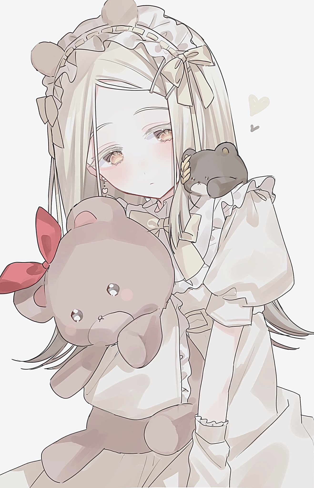 yuuki hajime, shinosawa hiro, gakuen idolmaster, idolmaster, hashtag-only commentary, highres, 1girl, animal ear hairband, animal ears, bear ear hairband, bear ears, blonde hair, bow, bowtie, closed mouth, colored eyelashes, dress, earrings, fake animal ears, flipped hair, frilled dress, frills, gradient hair, grey hair, hair ornament, hairband, hairclip, head tilt, headdress, heart, holding, holding stuffed toy, jewelry, laurels, light blush, long hair, looking at viewer, multicolored hair, orange eyes, parallel hairclips, puffy short sleeves, puffy sleeves, red ribbon, ribbon, short sleeves, simple background, sitting, solo, stuffed animal, stuffed toy, teddy bear, white background, yellow bow, yellow bowtie, yellow dress