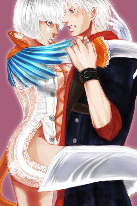 umekichi (pixiv139502), umekick, gloria (devil may cry), nero (devil may cry), trish (devil may cry), capcom, devil may cry, devil may cry (series), devil may cry 4, bad id, bad pixiv id, 00s, 1boy, 1girl, blue eyes, breasts, cheating (relationship), cleavage, clenched teeth, curvy, dark skin, elbow gloves, gloves, hetero, hug, jewelry, lace, lipstick, makeup, ring, short hair, teeth, thighhighs, white hair, white thighhighs